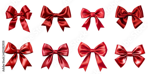 Collection of red satin silk ribbon tied isolated Christmas bows illustrations. A.I. generated.