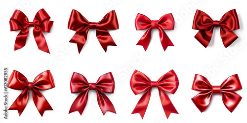 Collection of red satin silk ribbon tied Christmas bows illustration. A.I. generated.