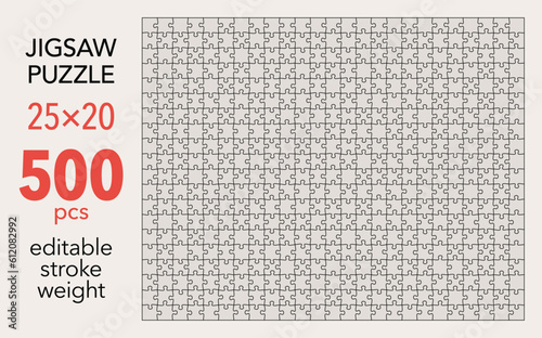 Empty jigsaw puzzle grid template, 25x20 shapes, 500 pieces. Separate matching puzzle elements. Flat vector illustration layout, every piece is a single shape.