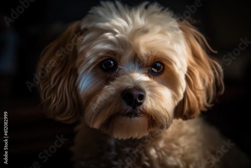 Portrait of a dog of the Maltipoo breed close-up, generative ai