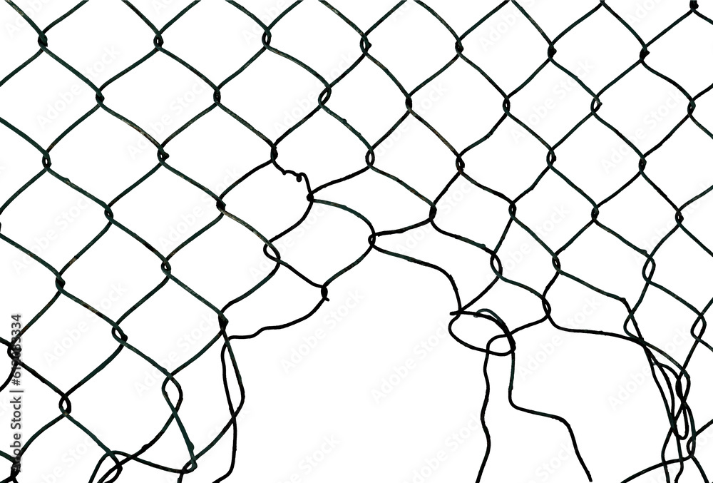 The texture of the metal mesh. Torn, destroyed, broken metal mesh on a white background The texture of the metal mesh. Torn, destroyed, broken metal mesh on a white background