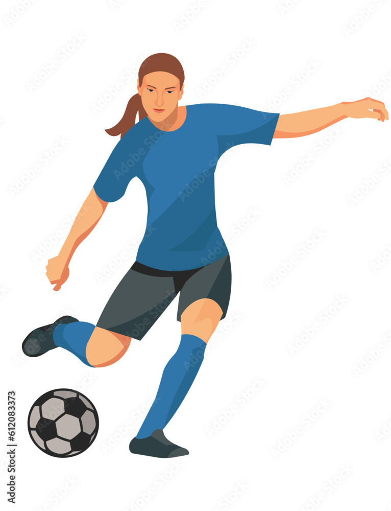 Isolated vector figure of a women's football player in a blue t-shirt going to kick the ball with her foot