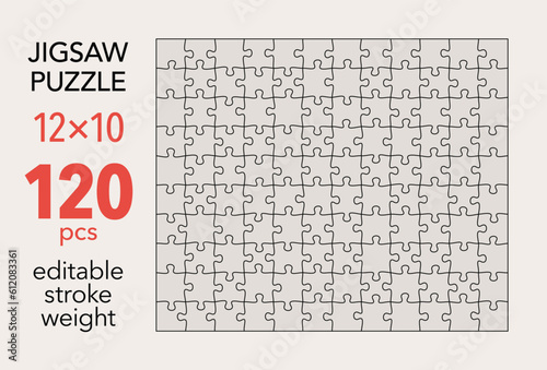 Empty jigsaw puzzle grid template, 12x10 shapes, 120 pieces. Separate matching puzzle elements. Flat vector illustration layout, every piece is a single shape.