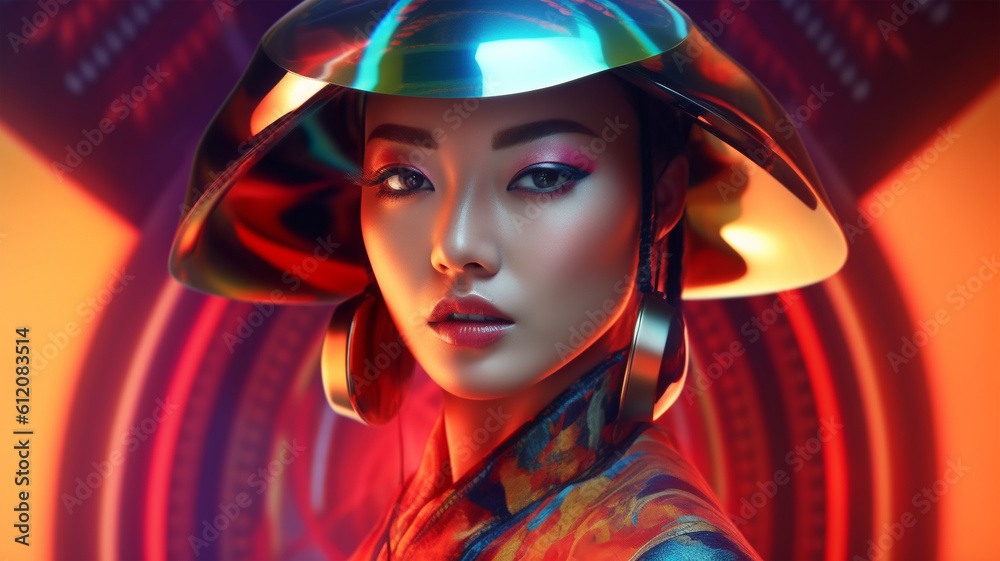 Beautiful Asian model in magenta background, futuristic style, neon, for posters banners Beautiful Asian model in magenta background, futuristic style, neon, for posters banners
