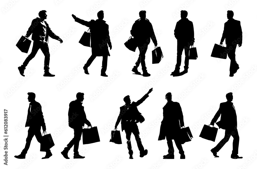 Fototapeta premium man happy carrying shopping bag silhouette set