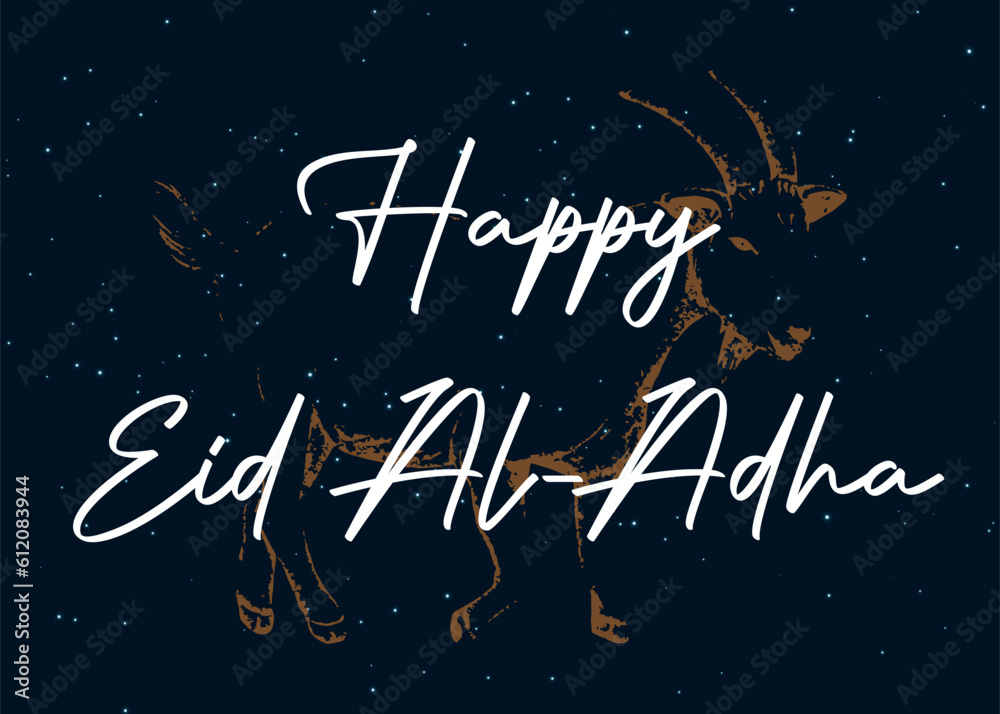 Happy Eid Al Adha Mubarak celebration banner with stars galaxy and goat on night color background. Eid Al Adha Mubarak Muslim celebration day
