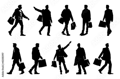 man happy carrying shopping bag silhouette set