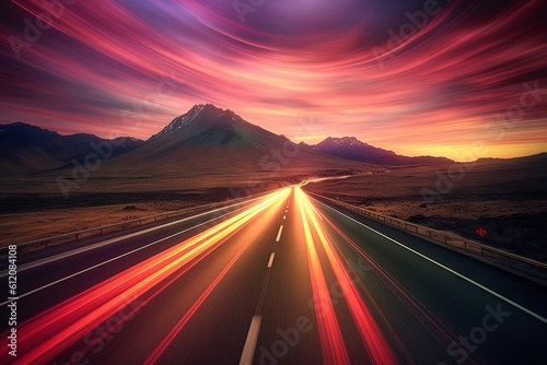 Journey through a Blurry Mountain Road, Bold Colors, Dynamic Lines, Generative AI