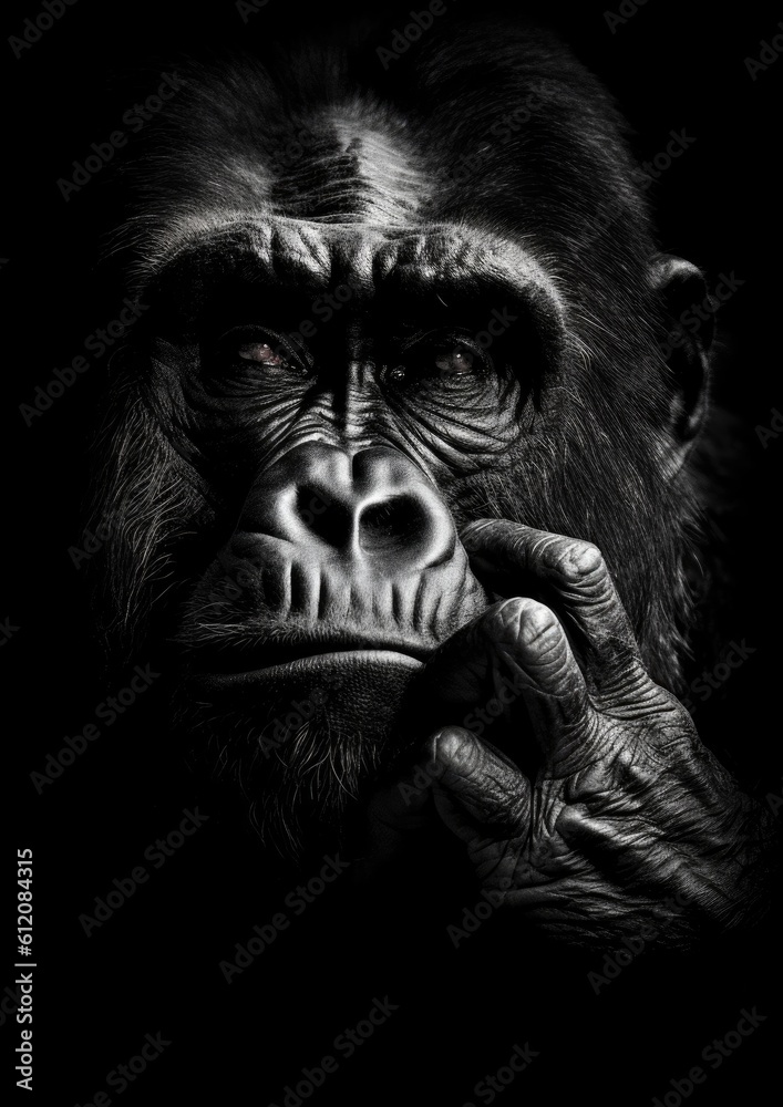 High resolution HD photo of Gorilla, black background, detailed, generated with AI technology