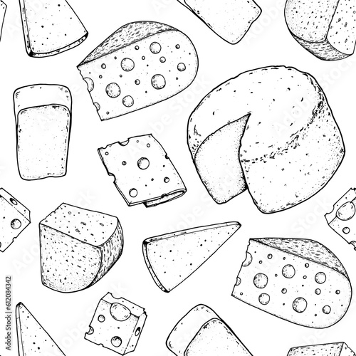 Cheese seamless pattern. Hand drawn vector illustration. Vintage food background. Engraved style. Different cheese kinds background.