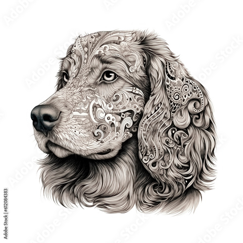 Golden retriever pen and ink style drawing Sepia toned zentangle style. Beautiful animal head isolated on white background. Generative AI.