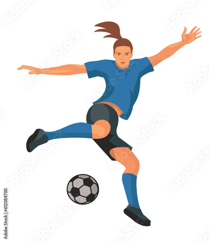 Vector isolated gril figure of women's football player in blue uniform jumping up to kick the ball with her foot