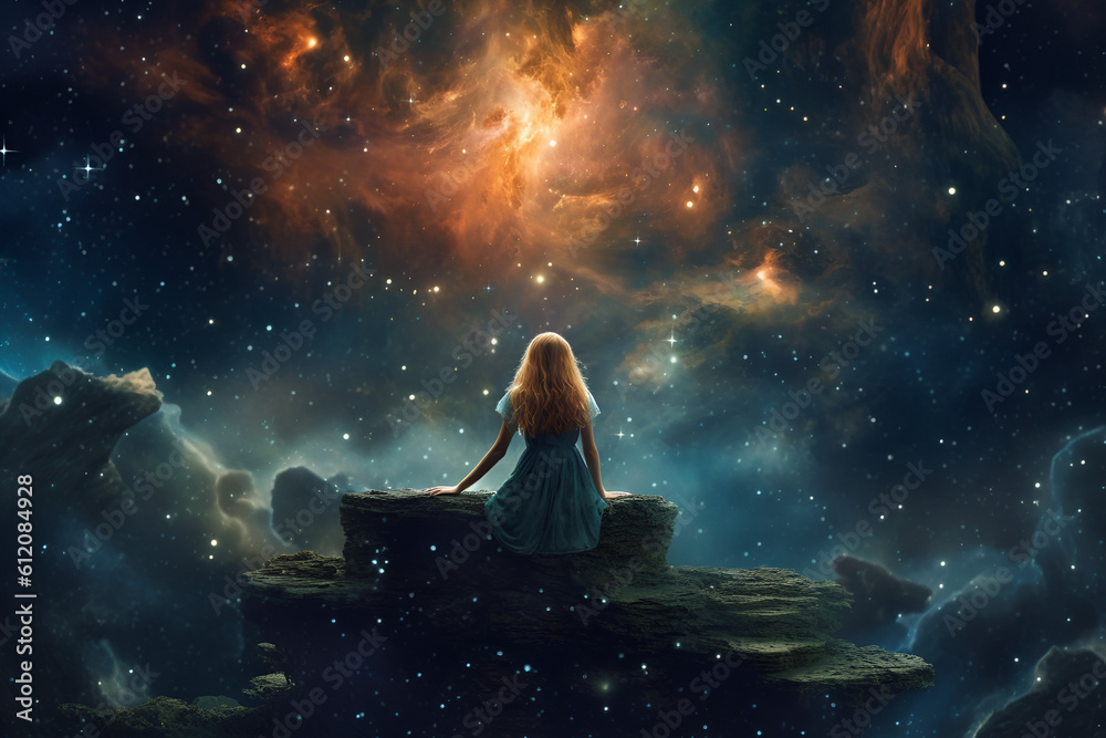 girl sitting on the rock in the middle of space, Generative AI girl sitting on the rock in the middle of space, Generative AI