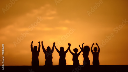 Miniature tiny people toys photography. Silhouette upper body group of teens raised hand or hands up celebration on sunset orange sky.