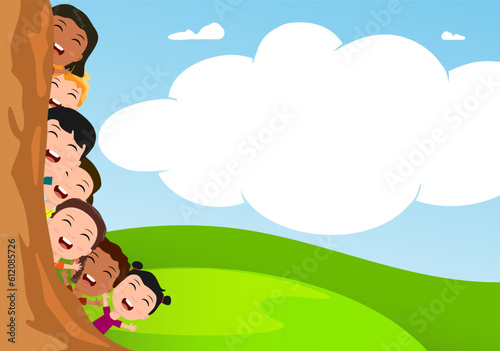 nature garden outside sunny day trees happy little kids playing cute design
