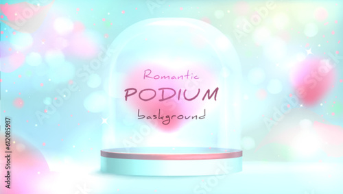 Realistic podium with empty protection cover. Acrylic exhibition display case with glass dome on glitter, abstract blur or shine pastel gradient background. Platform of cylinder shape for presentation