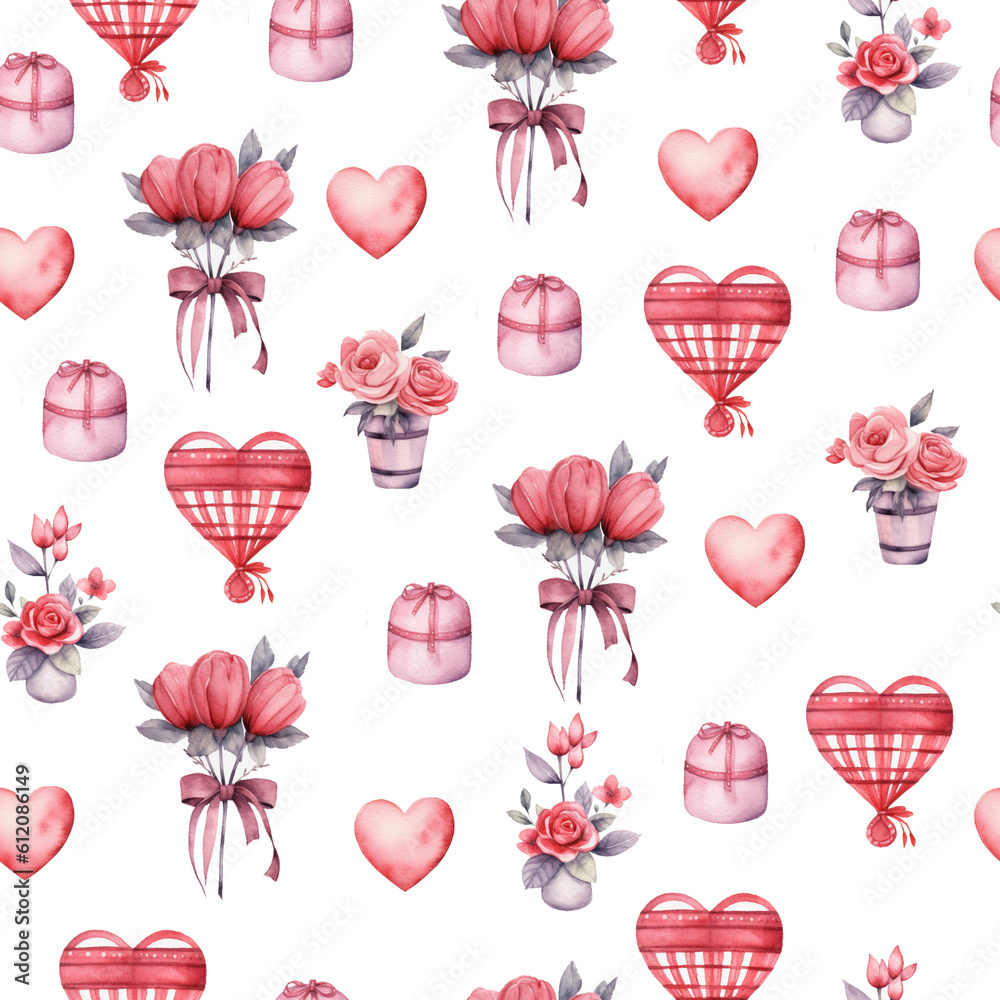 beautiful cute pink valentine seamless pattern with hearts bouquets of roses and gifts in a watercolor style .Generative AI beautiful cute pink valentine seamless pattern with hearts bouquets of roses and gifts in a watercolor style .Generative AI