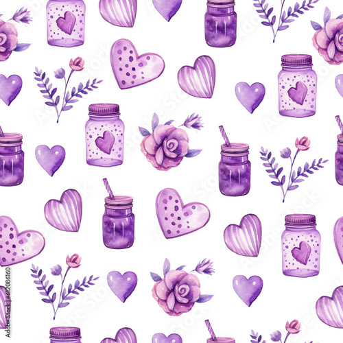 beautiful cute purple valentine seamless pattern with hearts bouquets of roses and gifts in a watercolor style .Generative AI
