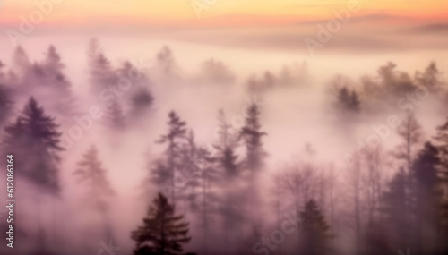 Amazing foggy light in mystical autumn forest, Beautiful pastel colored fog forest and tree background, trees and large branches with fall orange leaves