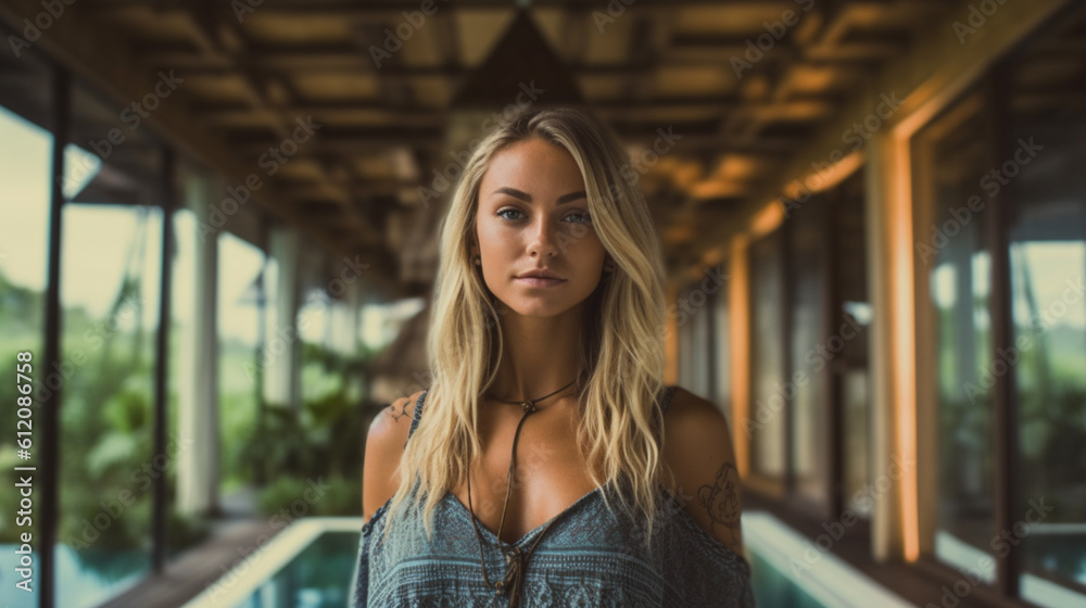 young adult caucasian woman with blonde long hair on vacation, tropical, villa or hotel swimming pool, summer vacation or wellness, bikini, beauty and leisure