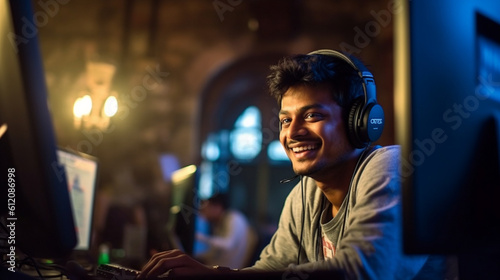indian young adult man at computer and computer screen, home office or office, working, job and occupation, online or remote