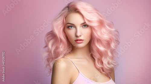 young adult woman, pink dyed long hair, summer shirt, portrait, caucasian