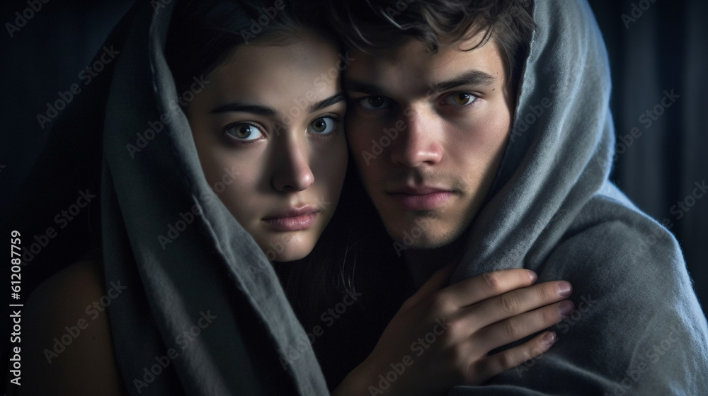 man and woman snuggled up in a blanket, cuddling and togetherness, young adults, man and woman snuggled up in a blanket, cuddling and togetherness, young adults,