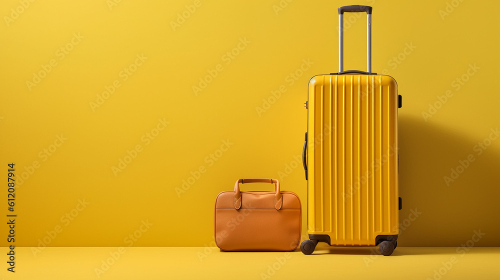 yellow suitcase on plane yellow background, travel concept yellow suitcase on plane yellow background, travel concept