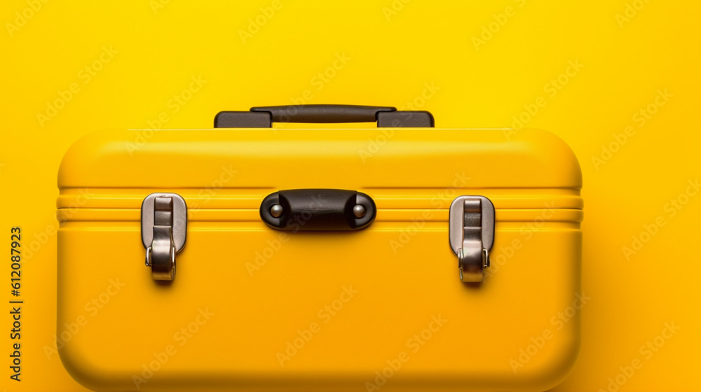yellow suitcase on plane yellow background, travel concept yellow suitcase on plane yellow background, travel concept