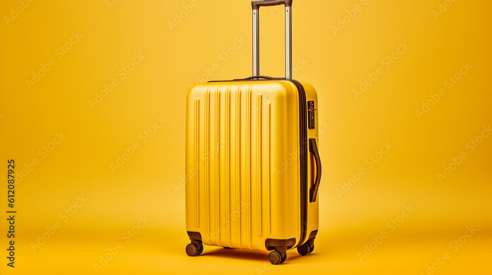 yellow suitcase on plane yellow background, travel concept yellow suitcase on plane yellow background, travel concept