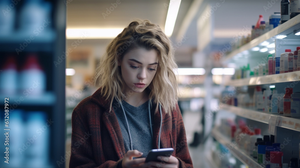 young adult woman using her smartphone, holding her cell phone in her hands, in a pharmacy or supermarket with medicines and vials and medicine on the product shelf, hygiene items or medical products
