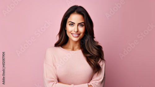 young adult beautiful brunette woman wears a pink pastel style sweater, beauty pretty and comfortable clothes, portrait, front view, close-up