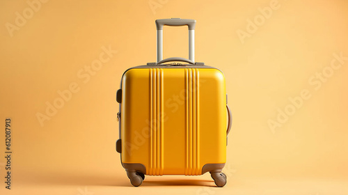 yellow suitcase on plane yellow background, travel concept