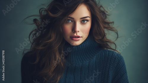 young adult beautiful brunette woman wears a sweater, beauty pretty and comfortable clothes, portrait, front view, close-up