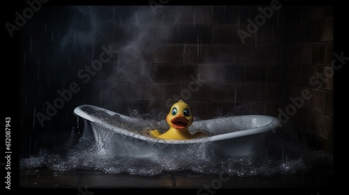 a rubber ducky in a bathtub, water fun and bath toys for kids, rubber ducky, squeaky yellow duck photo