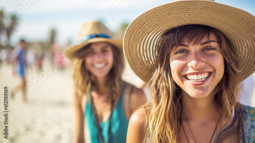 young joyful women on the beach, touristic, tourists having fun, fictional place © wetzkaz