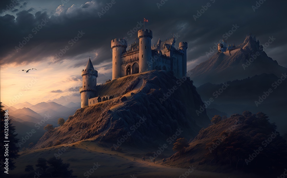 Fantasy world. Mystical castle and mountains covering with fog in night. AI Genereted Generative AI