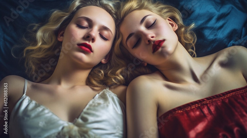 two young adult women are cuddling up in bed, early in the morning, sleeping in