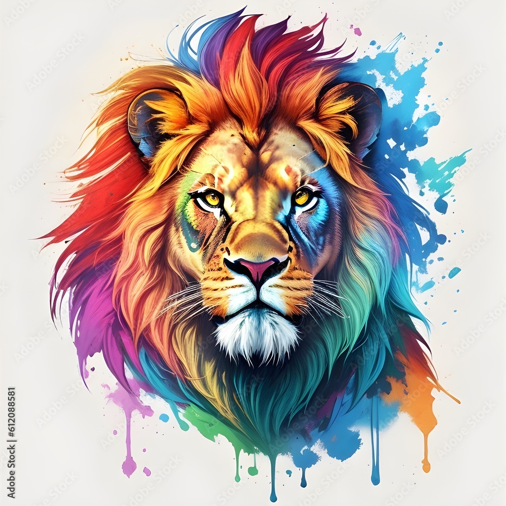  A  face portrait of a colorful and realistic lion, featuring a fantasy concept. This artwork is suitable for wall decorations and t-shirt designs.