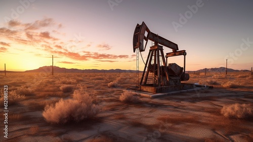 Oil drilling derricks at desert at sunset - generative AI