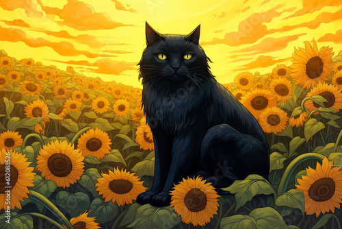 A black cat sitting in a field of sunflowers. Generative AI