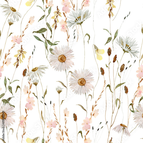 Watercolor delicate wildflowers, daisy, herbs floral seamless pattern. Blooming meadow tile. Hand drawn elegant, botanical background. Repeatable texture, wrapping paper,wallpaper, fabric, textile