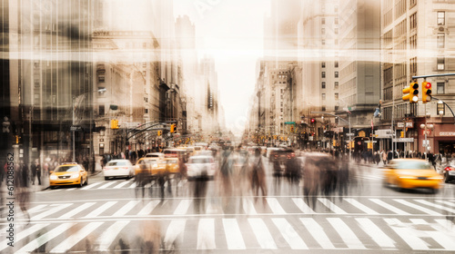 abstract, cityscape, people on the streets of a big city, infrastructure and vehicles, people in motion, motion blur, fictional location © wetzkaz