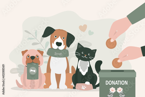 Adorable pets holds empty bowls. Volunteering and assistance to animals. Hands putting coins into donation box. Money and food donation for pets. Feed for homeless dogs and cats