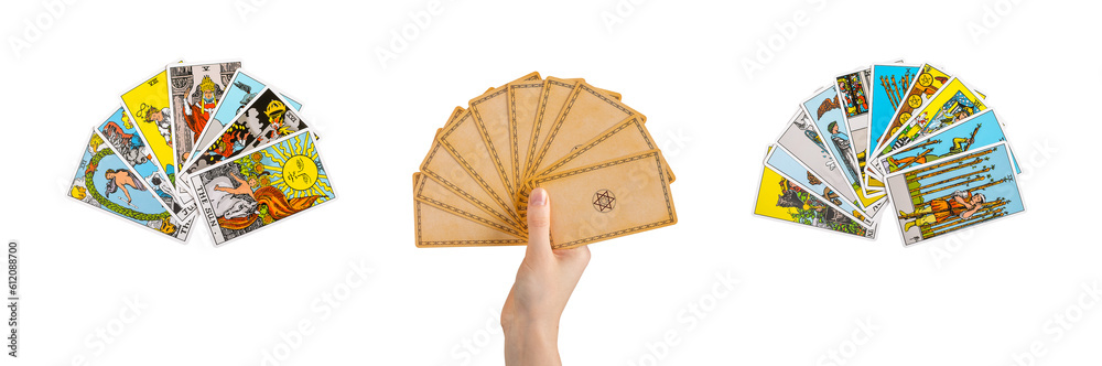 Lodz Poland June 11 2023 Tarot cards in hand back view, minor and major ...