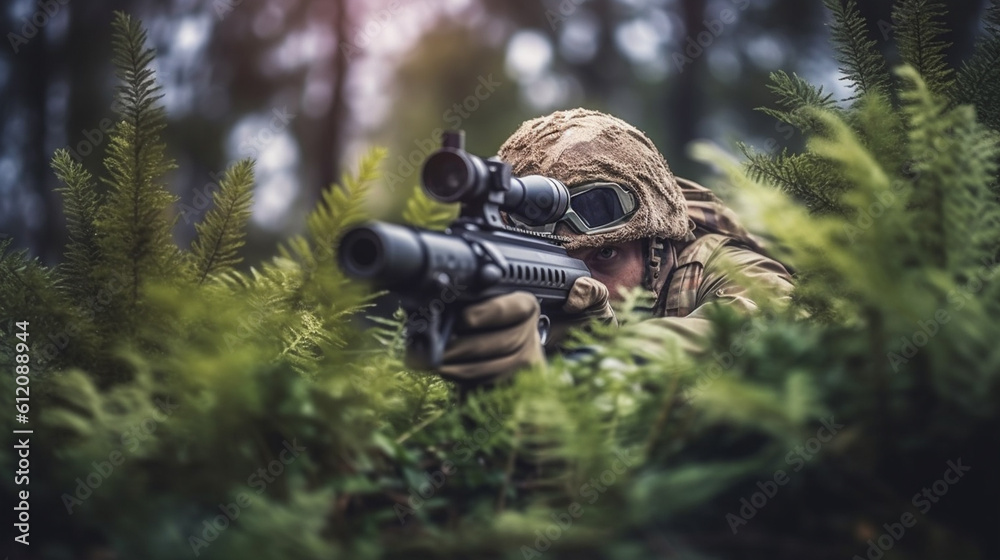 a soldier with a helmet and uniform at war or on a mission with a rifle with a scope and a silencer in a bush in a forest, fictional location, ready to fire a soldier with a helmet and uniform at war or on a mission with a rifle with a scope and a silencer in a bush in a forest, fictional location, ready to fire