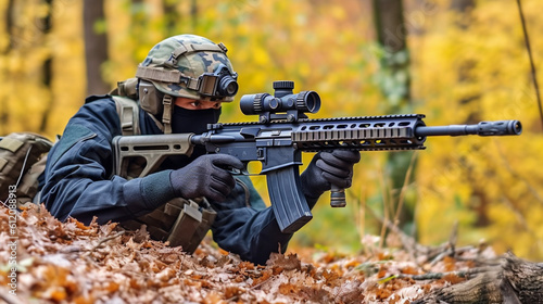 a soldier with helmet and rifle, machine gun with telescopic sight, soldier's uniform, lies in the autumn leaves, leaves, in the forest or forest area, waiting covered and hidden