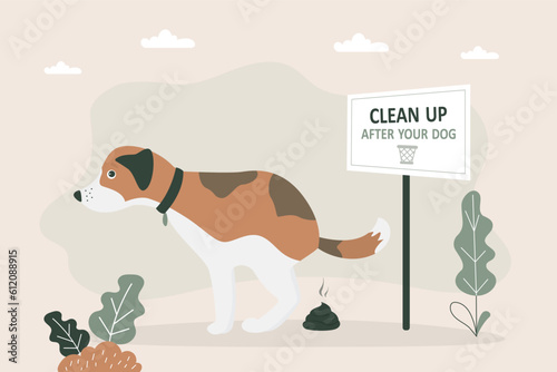 Dog poops in a public place. excrement on ground, pet waste management, environmental issues. Health hazards concept. Warning label or caution sign - clean up after your dog