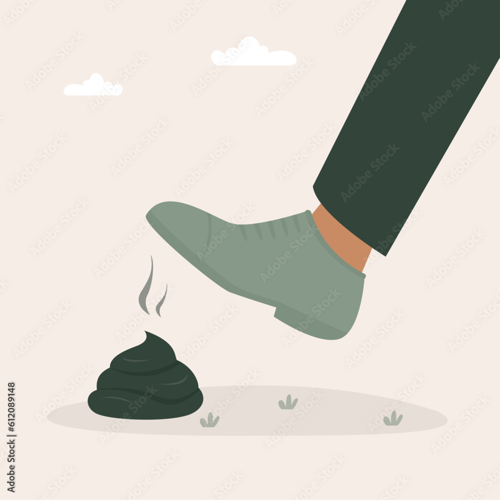 Man foot stepping into dog poop. Pet shit in public place. People step
