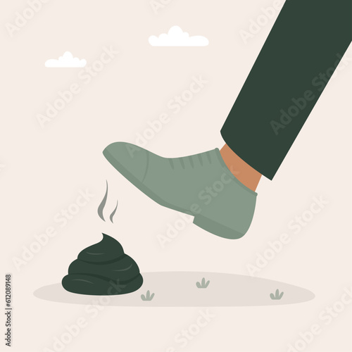 Man foot stepping into dog poop. Pet shit in public place. People step on poo. Men foot with boot stepped on animal shit. Unpleasant surprise, unexpected problems, bad day, shit happens.